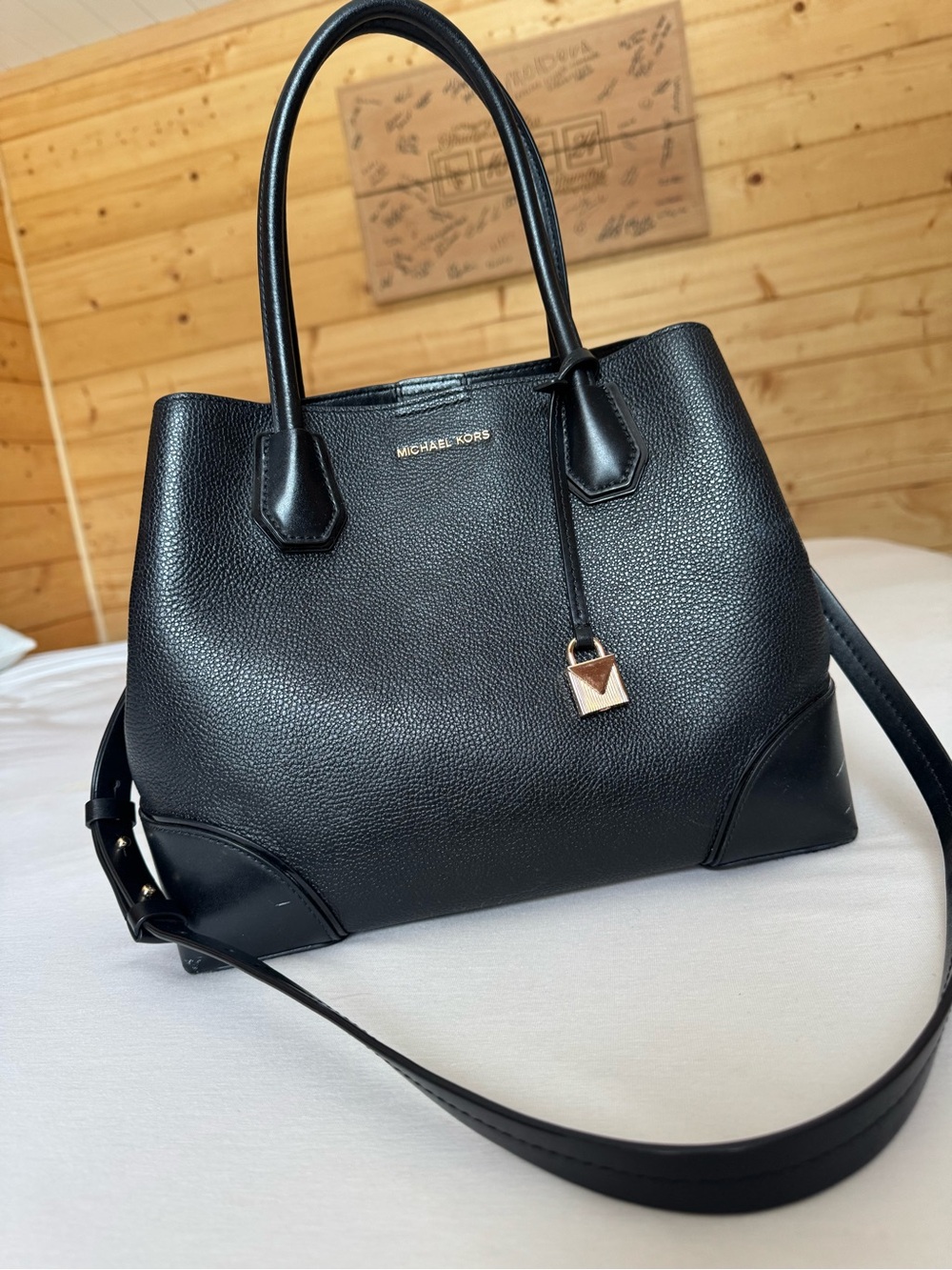 Michael Kors Black Pebbled Leather Satchel with Gold Accent